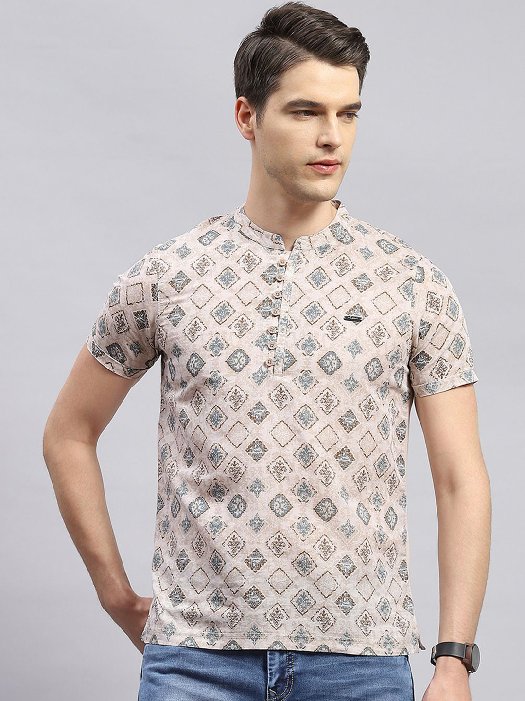 

Monte Carlo Ethnic Motifs Printed Band Collar Straight Kurta, Beige