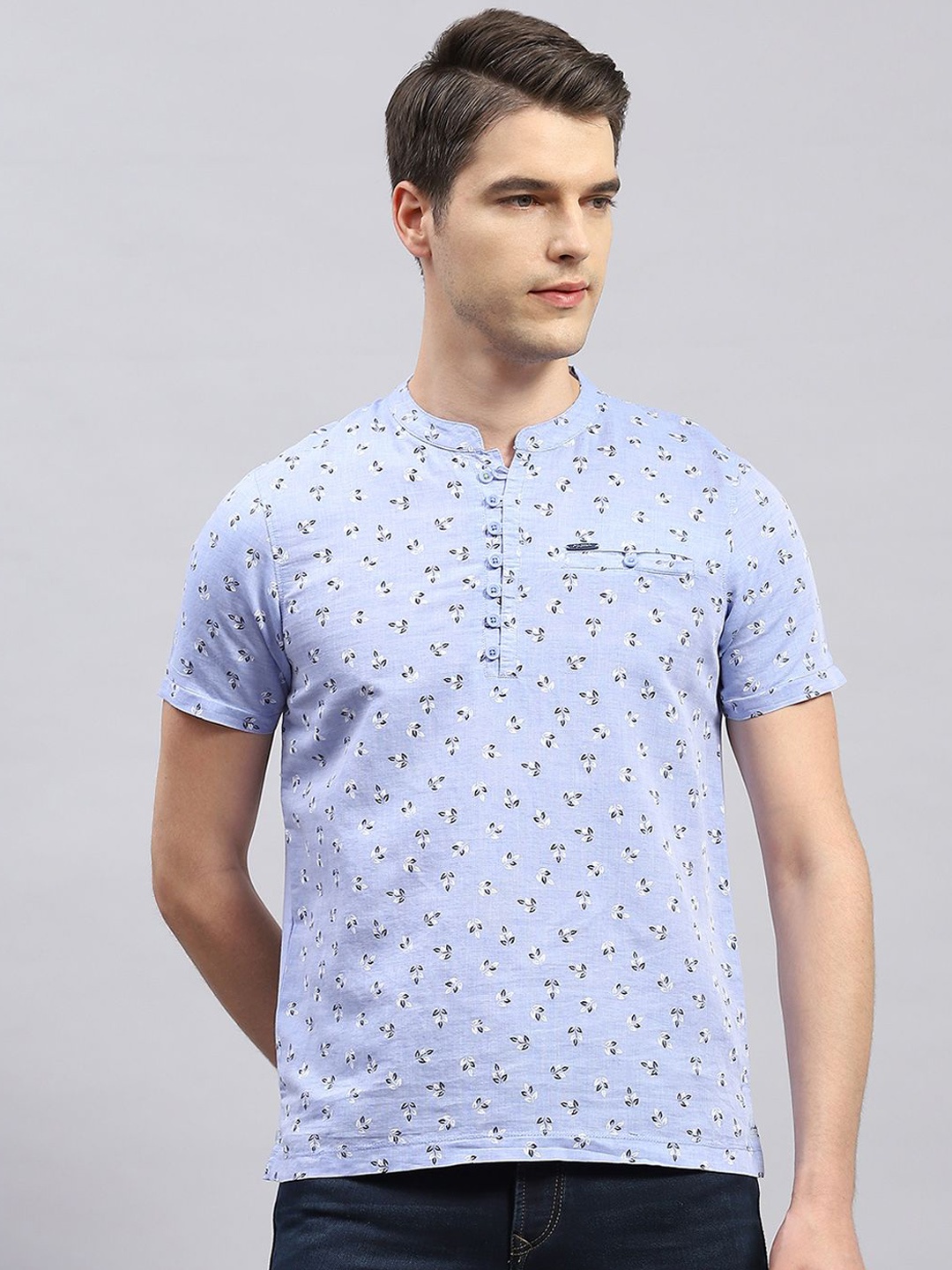 

Monte Carlo Floral Printed Band Collar Straight Kurta, Blue
