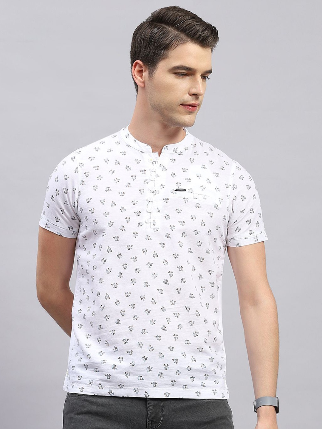 

Monte Carlo Floral Printed Band Collar Straight Kurta, White