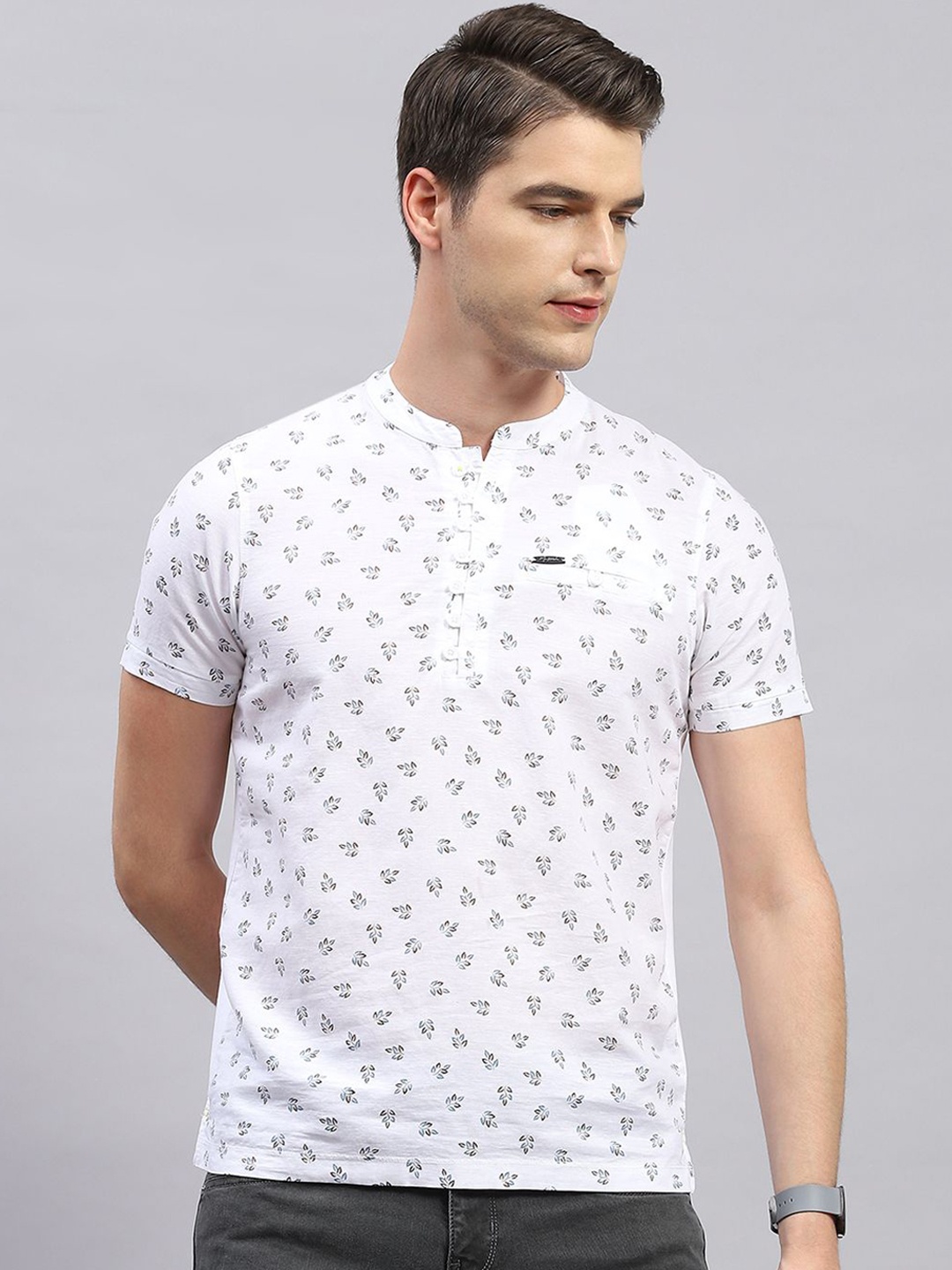

Monte Carlo Floral Printed Band Collar Straight Kurta, White