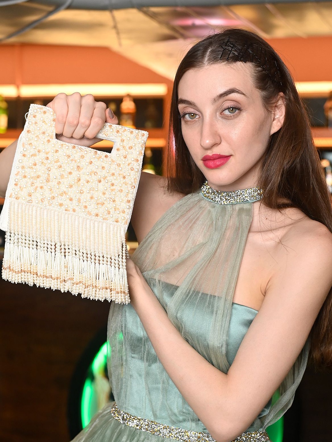 

ODETTE Embellished Box Clutch, White