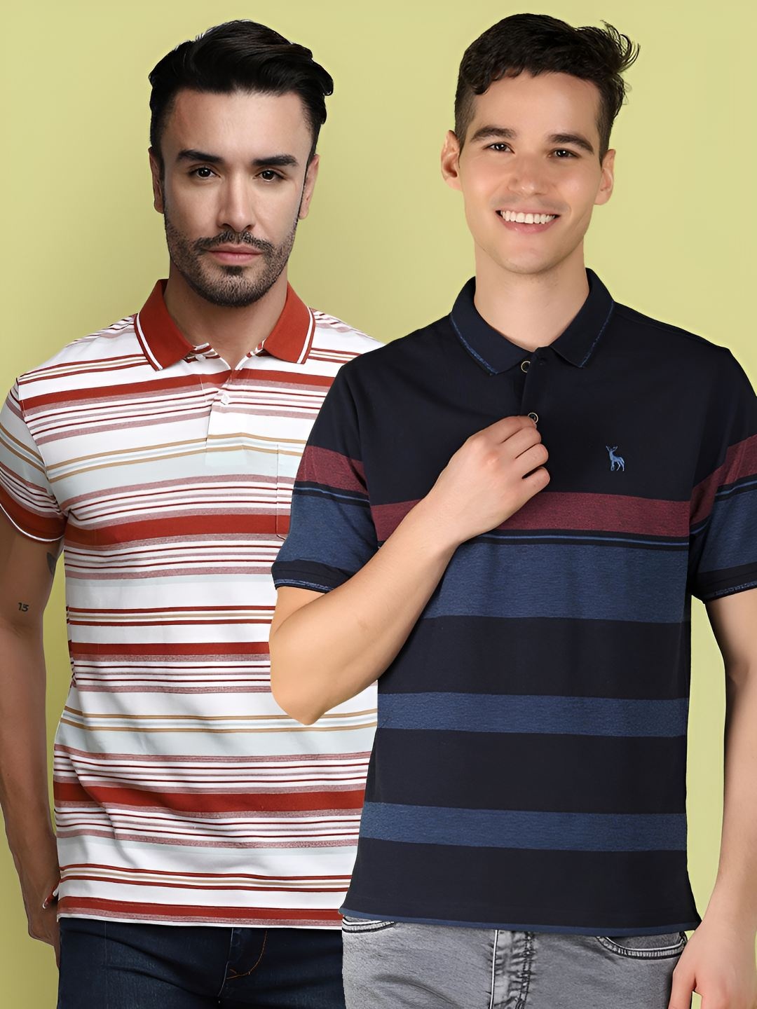 

V-Mart Men Pack Of 2 Striped Polo Collar Pocket Cotton T-shirts, White