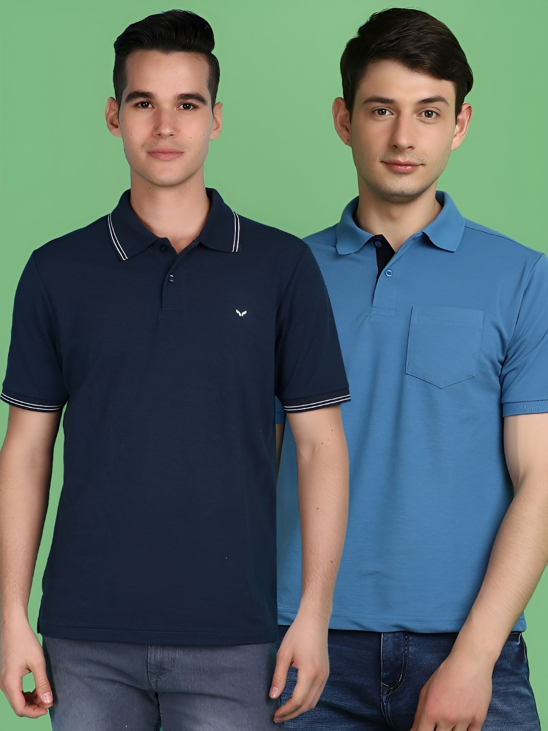 

V-Mart Men Pack Of 2 Solid Polo Collar Pocket Cotton T-shirts, Navy blue