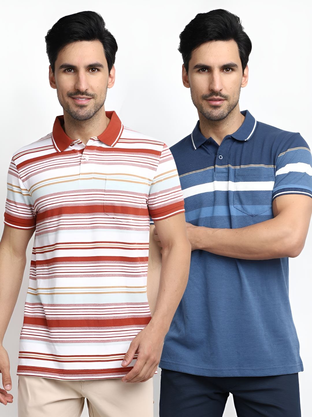 

V-Mart Men Pack Of 2 Striped Polo Collar Pocket Cotton T-shirts, Blue