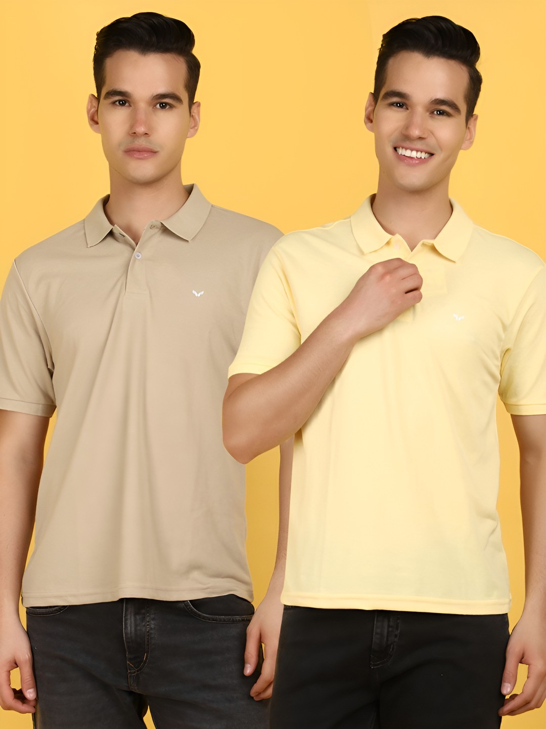 

V-Mart Men Pack Of 2 Solid Polo Collar Cotton T-shirts, Beige