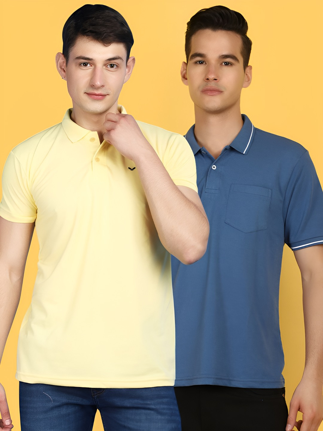 

V-Mart Men Pack Of 2 Solid Polo Collar Pocket Cotton T-shirts, Yellow