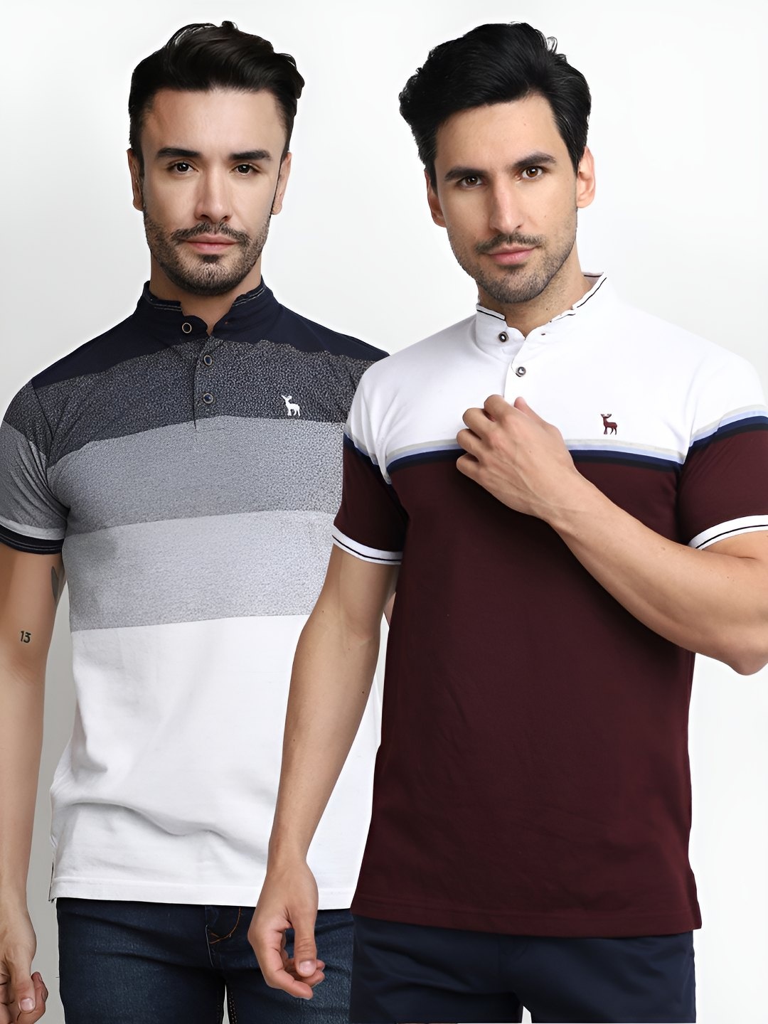

V-Mart Men Pack Of 2 Polo Collar Mandarin Collar Cotton T-shirts, White