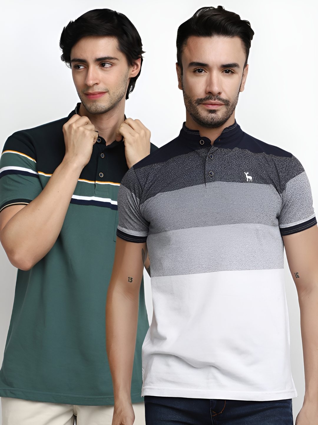 

V-Mart Men Pack Of 2 Striped Mandarin Collar Cotton T-shirts, Green
