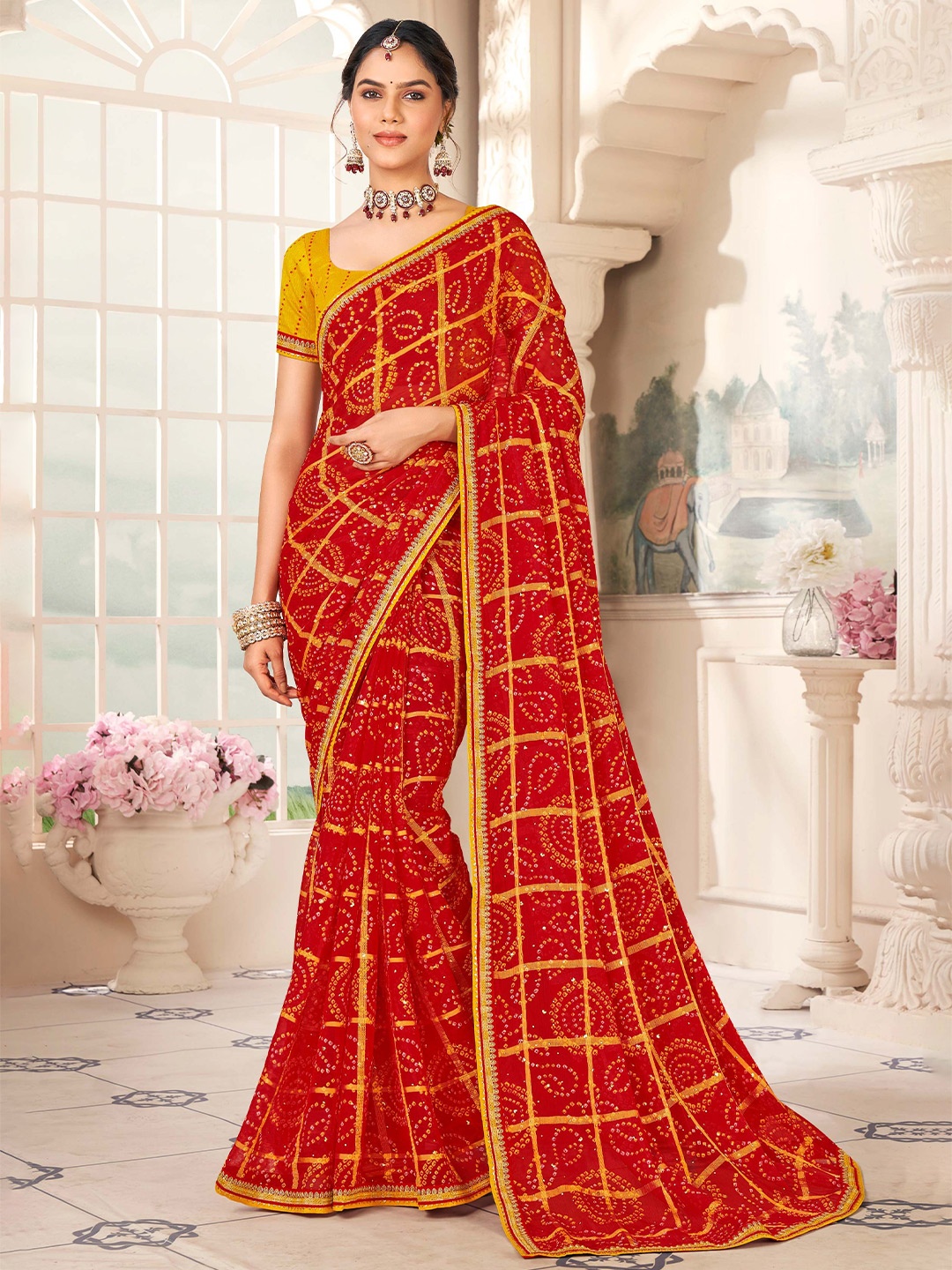 

Laxmipati Embroidered Bandhani Saree, Red