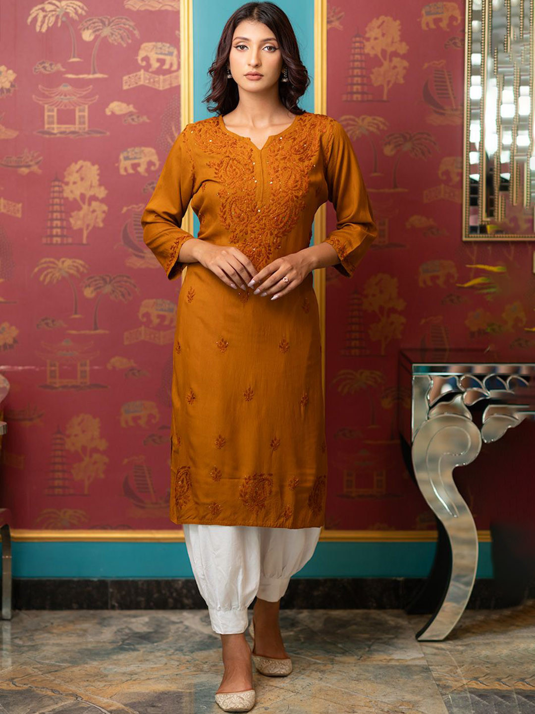 

Rangreza Ethnic Floral Embroidered Chikankari Notched Round Neck Straight Kurta, Brown