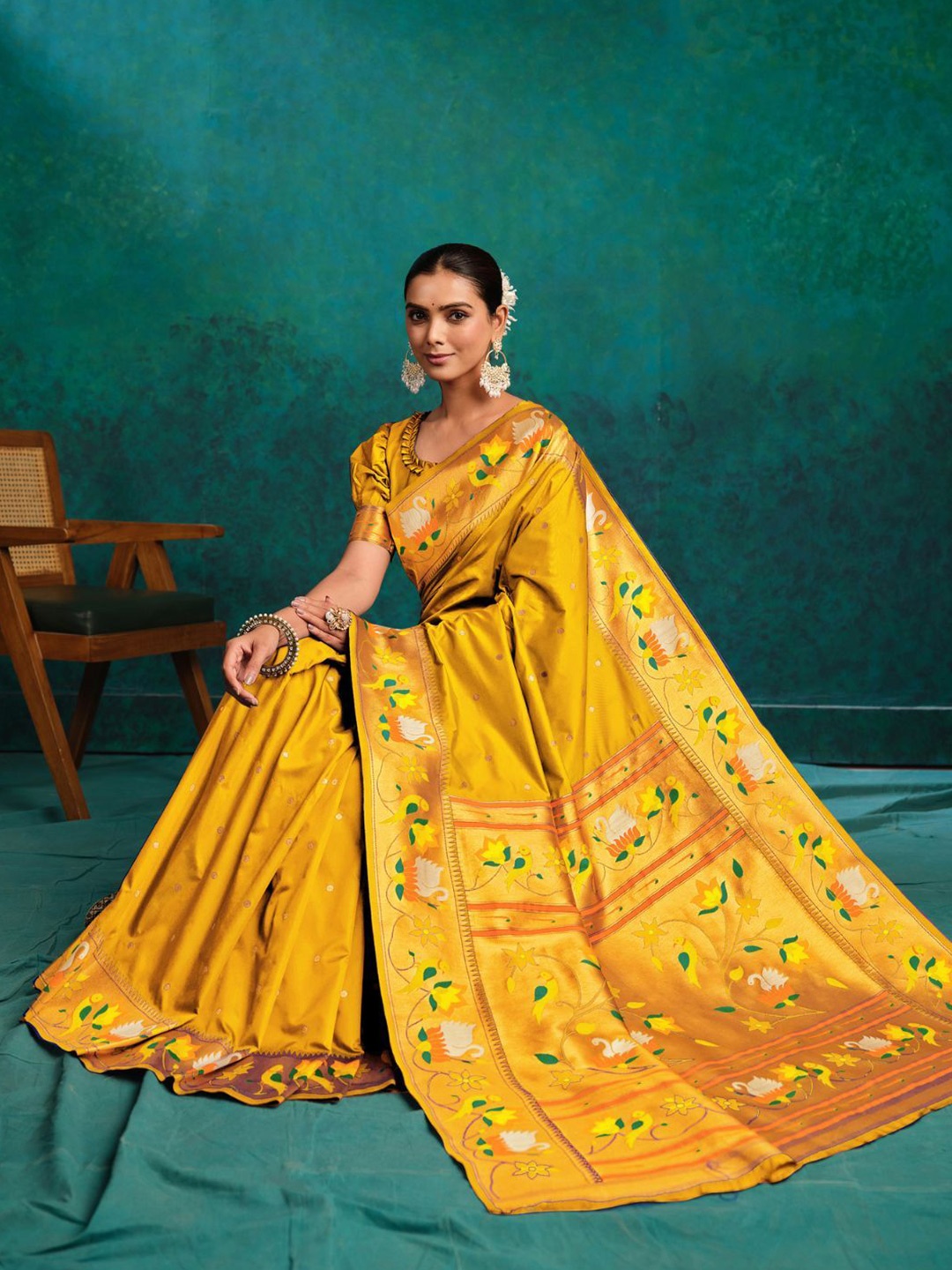 

Mitera Ethnic Motifs Woven Design Zari Pure Silk Paithani Saree, Mustard