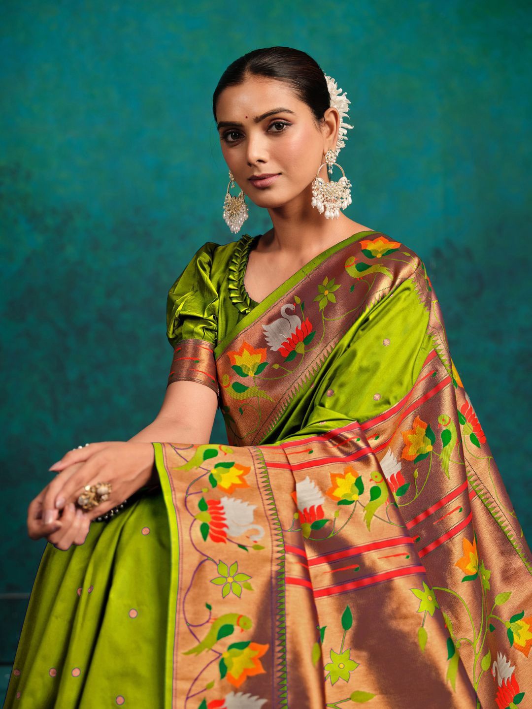 

Mitera Woven Designed Zari Pure Silk Paithani Saree, Green