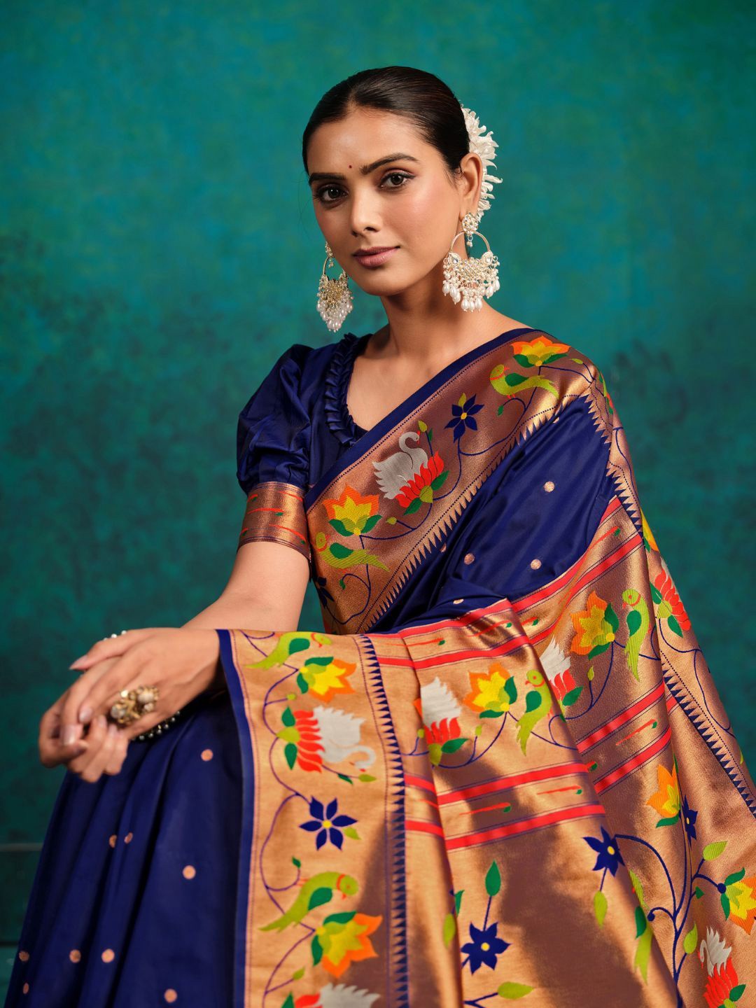 

Mitera Woven Design Zari Pure Silk Paithani Saree, Blue