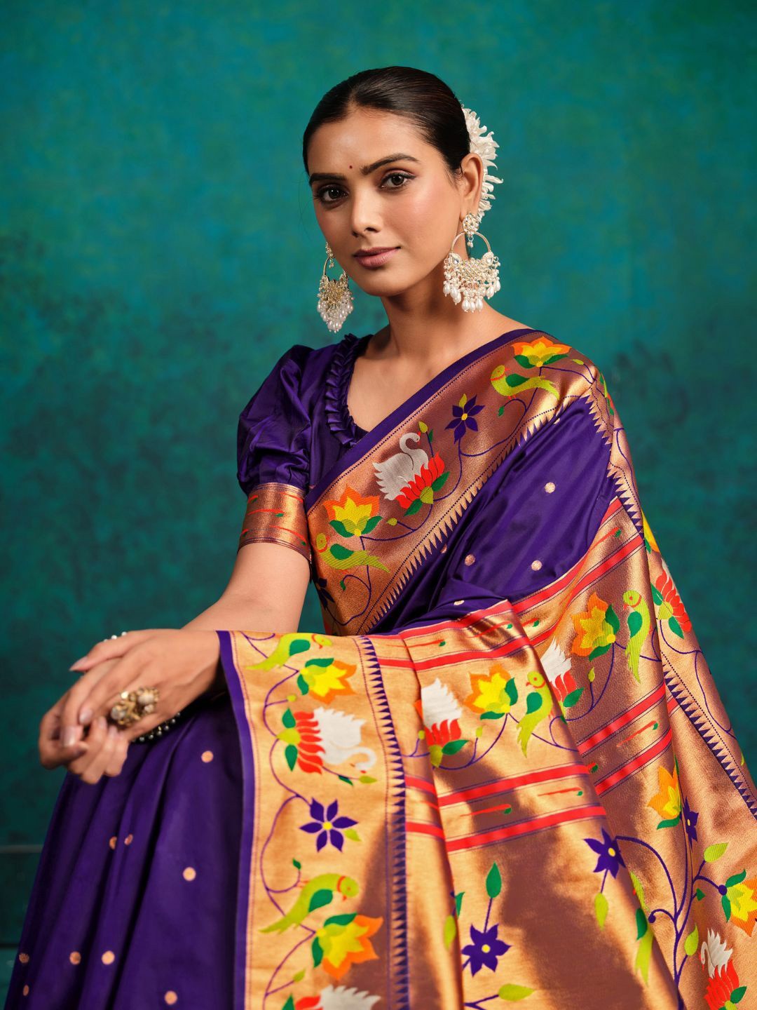 

Mitera Ethnic Motifs Woven Design Zari Pure Silk Paithani Saree, Purple