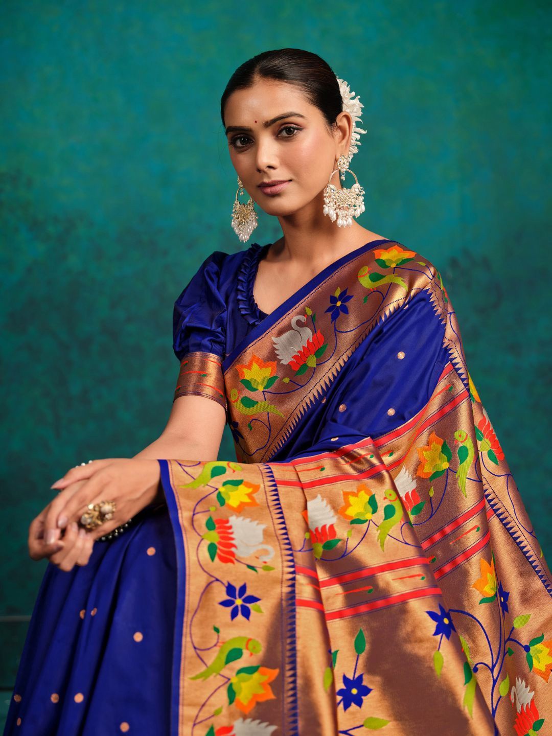 

Mitera Ethnic Motifs Woven Design Zari Pure Silk Paithani Saree, Navy blue