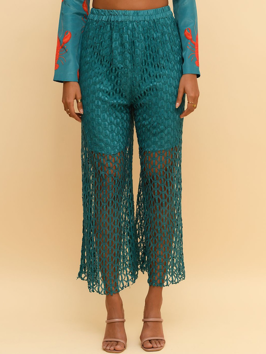 

R.Y by Rishi and Vibhuti Women Relaxed Flared Trousers, Teal