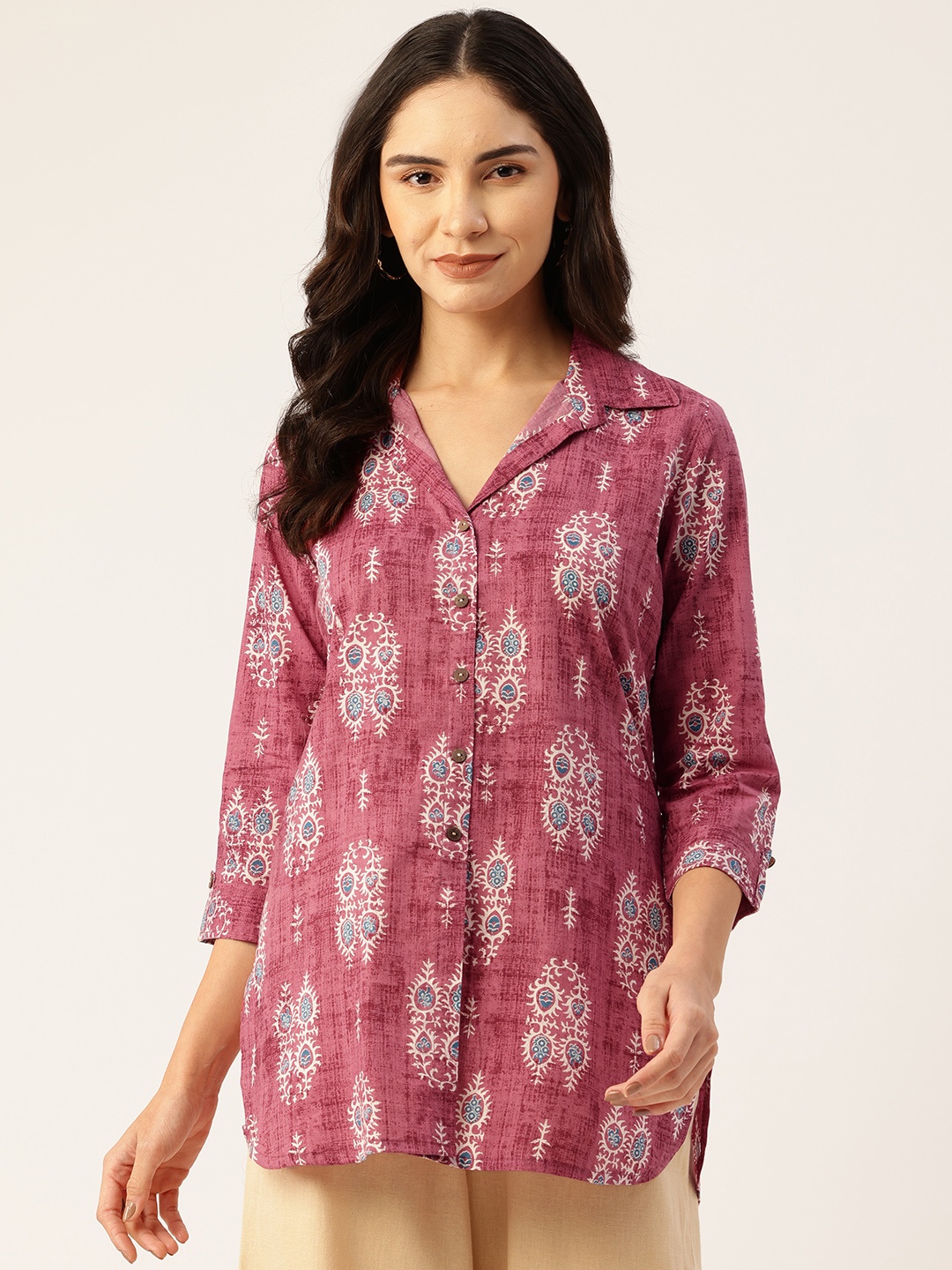 

FERANOID Floral Print Roll-Up Sleeves Pure Cotton Shirt Style Longline Top, Pink