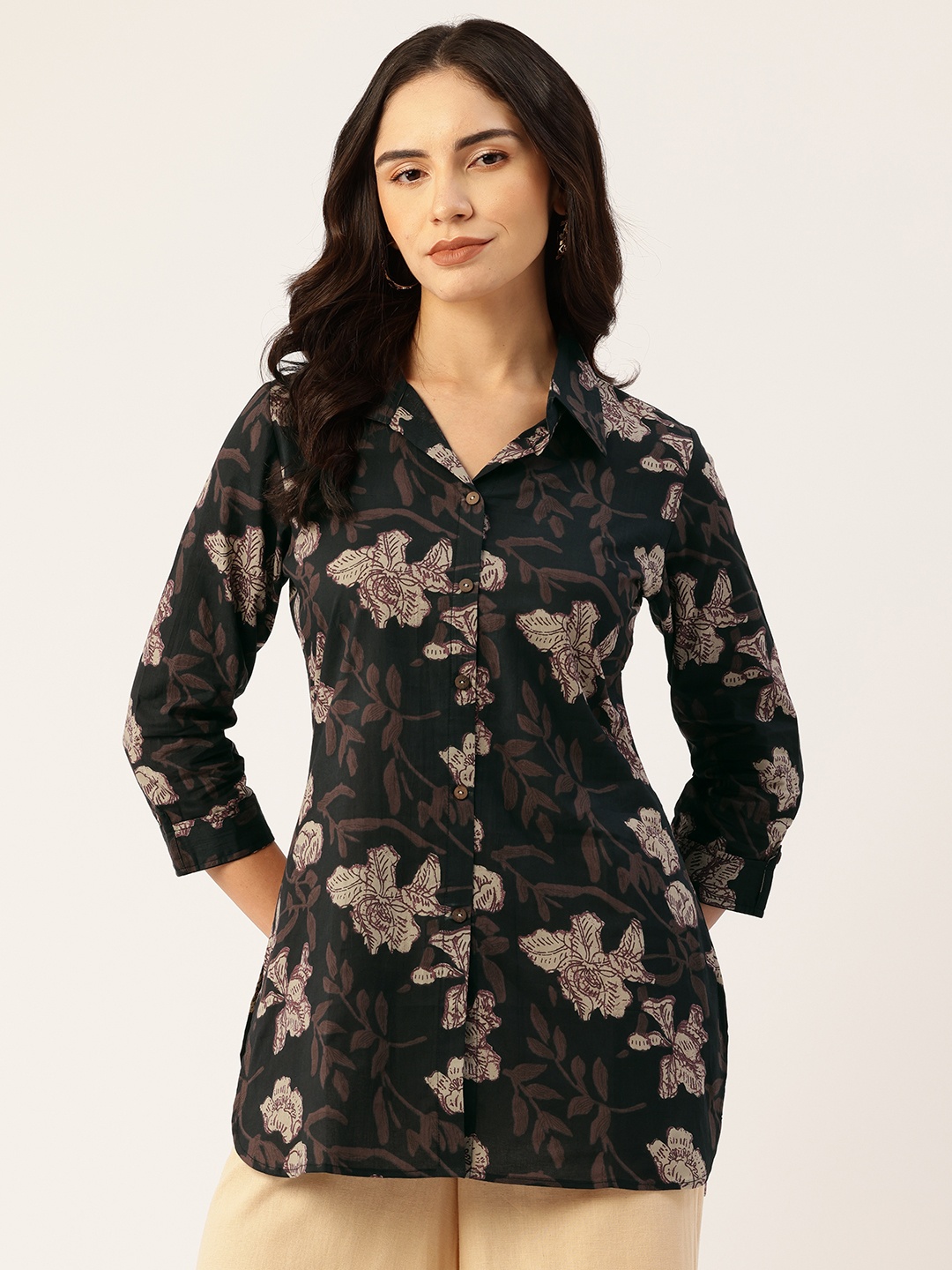 

FERANOID Floral Print Roll-Up Sleeves Pure Cotton Shirt Style Longline Top, Black