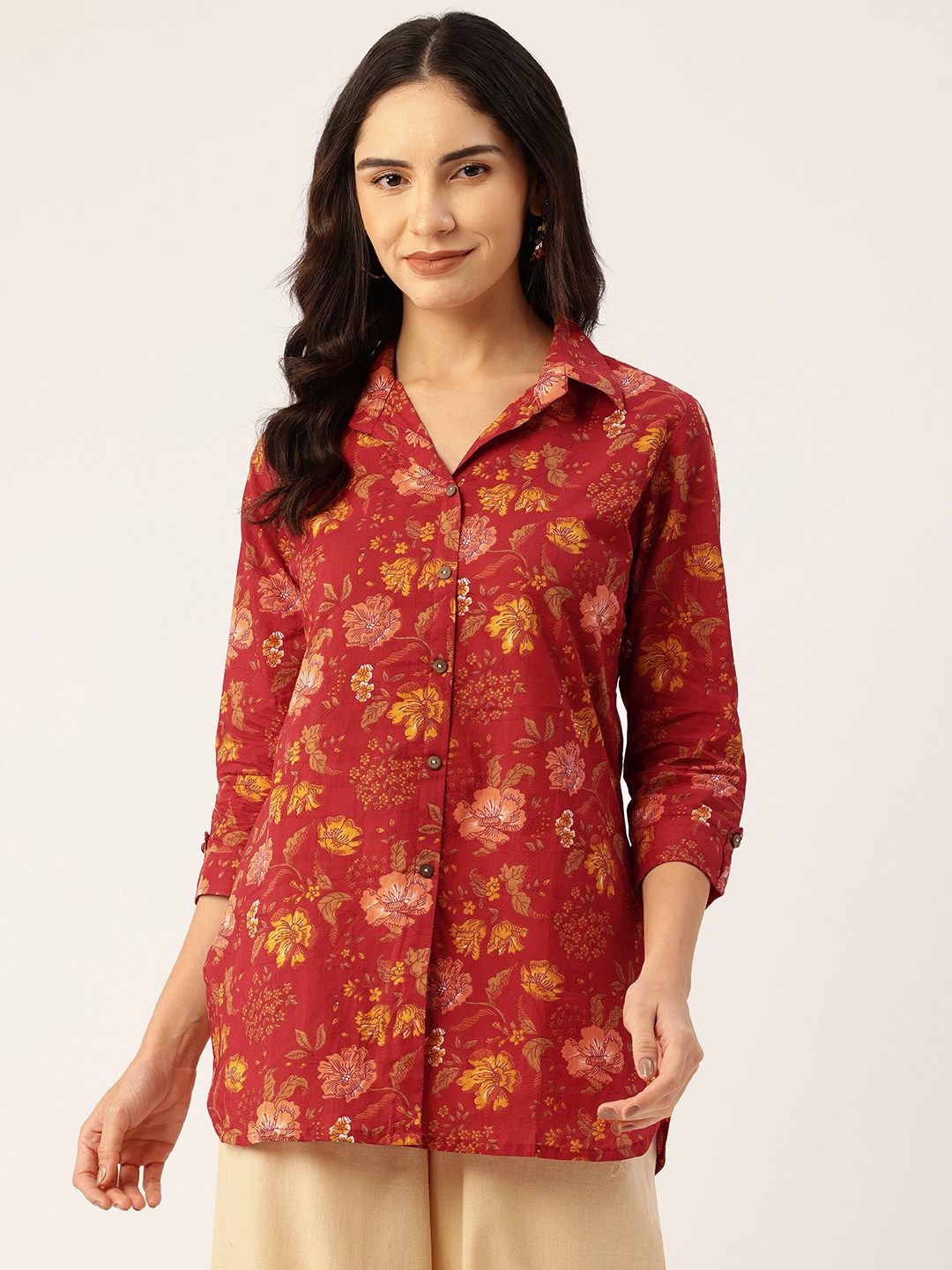 

FERANOID Floral Print Roll-Up Sleeves Pure Cotton Shirt Style Longline Top, Red