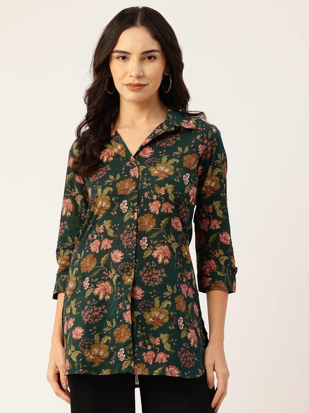 

FERANOID Floral Print Roll-Up Sleeves Pure Cotton Shirt Style Longline Top, Green