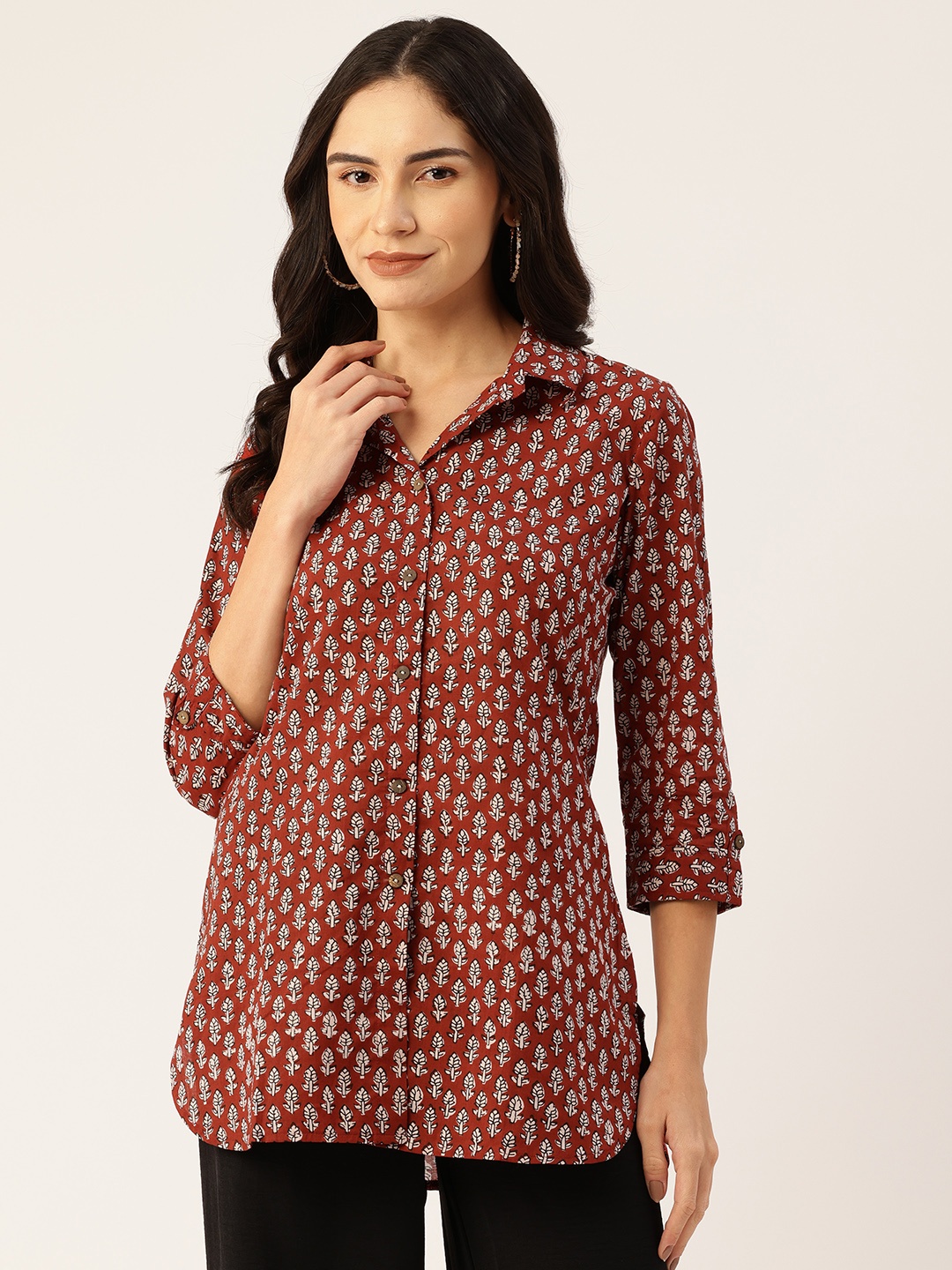 

FERANOID Floral Print Roll-Up Sleeves Pure Cotton Shirt Style Longline Top, Maroon