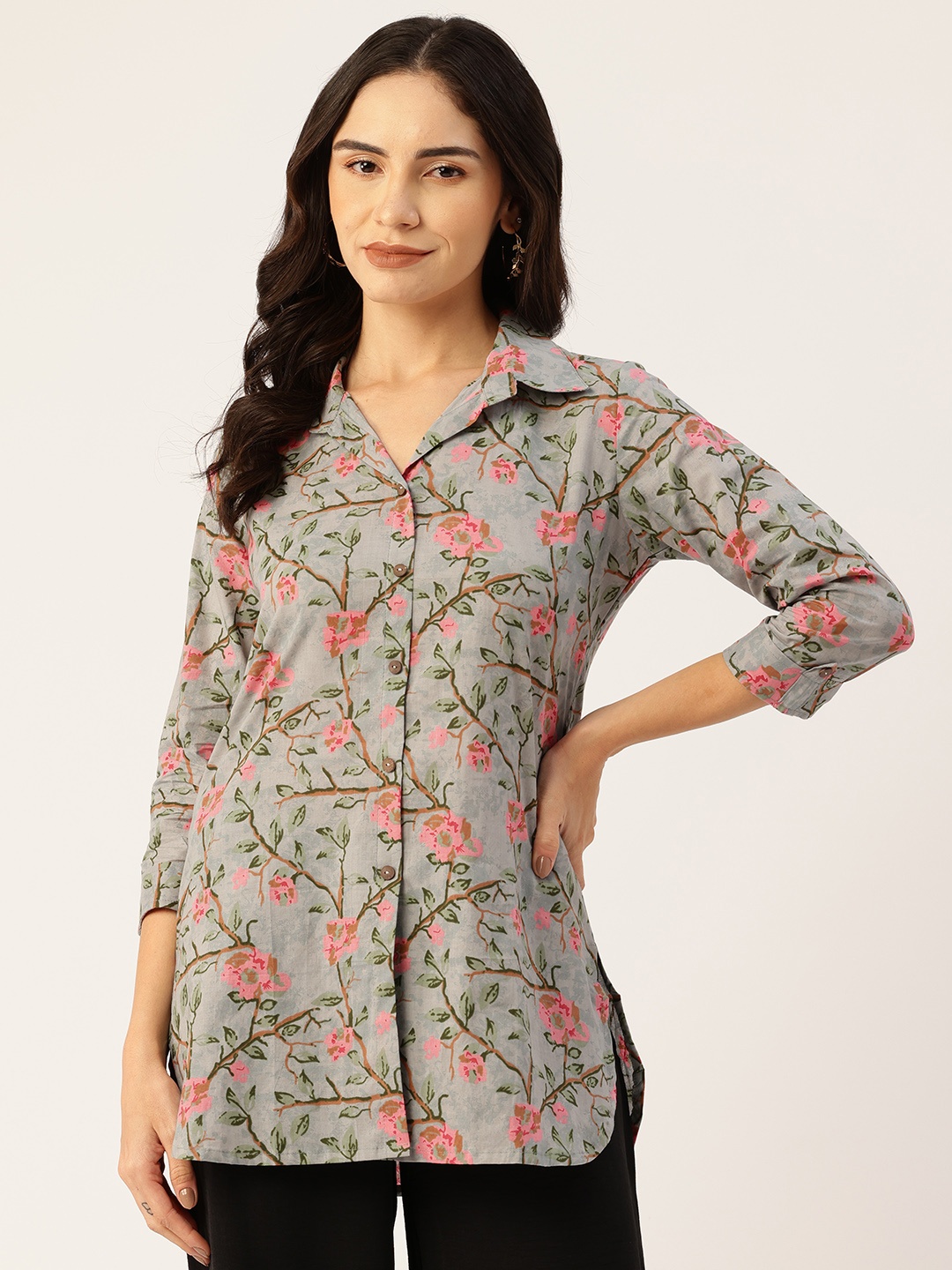 

FERANOID Floral Print Roll-Up Sleeves Pure Cotton Shirt Style Longline Top, Grey