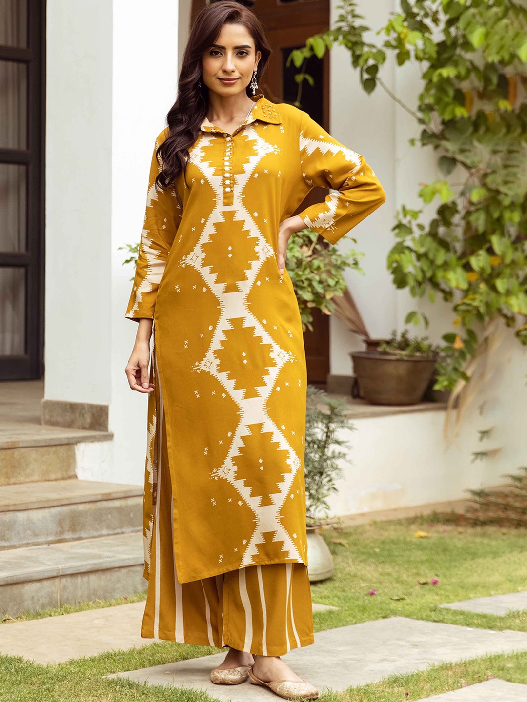 

Nehamta Printed Straight Beads and Stones Kurta with Salwar, Mustard