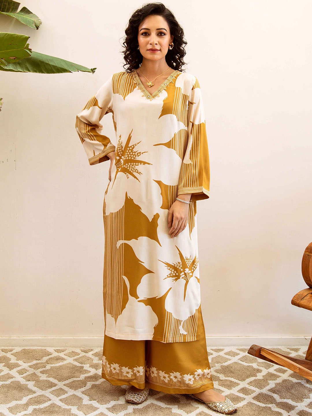

Nehamta Floral Printed Straight Mirror Work Kurta with Palazzos, Mustard