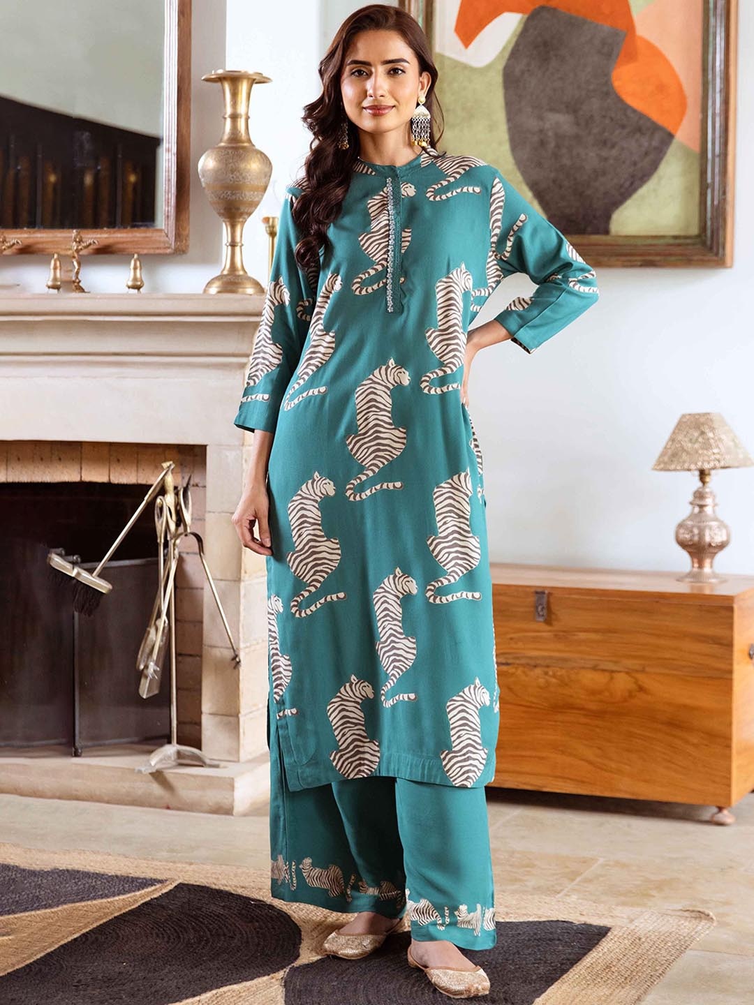 

Nehamta Printed A-Line Beads and Stones Kurta with Palazzos, Green