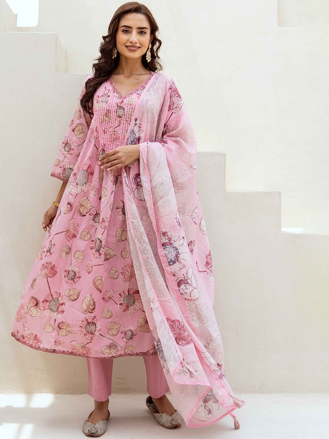 

Nehamta Floral Printed A-Line Beads and Stones Pure Cotton Kurta with Trousers & Dupatta, Pink