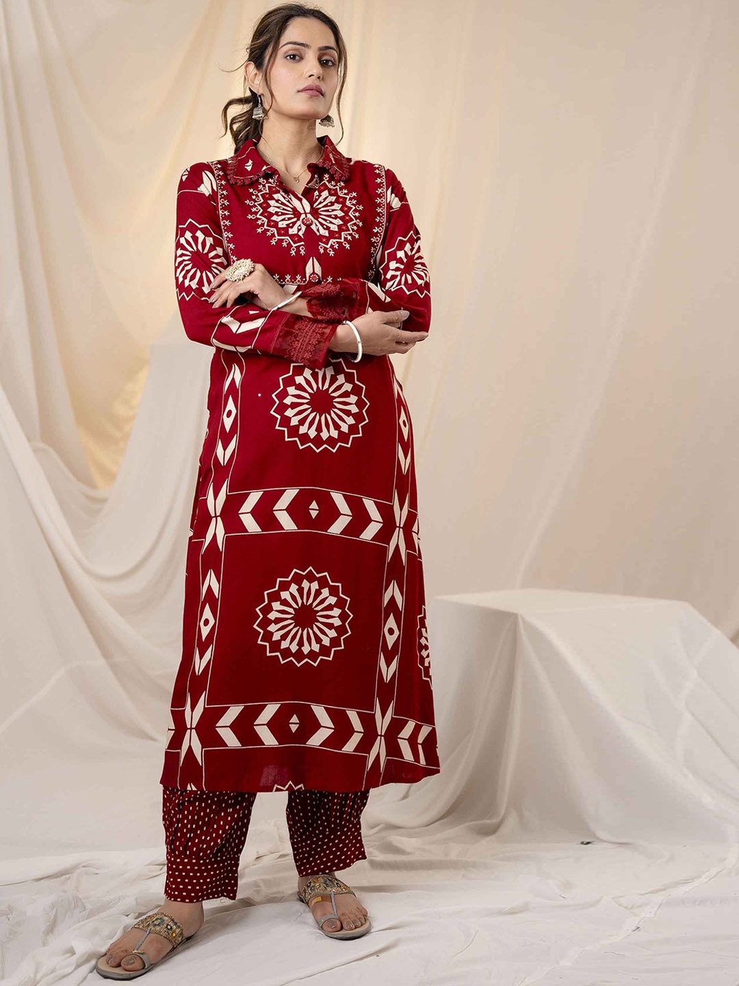 

Nehamta Printed A-Line Beads and Stones Kurta with Salwar, Maroon