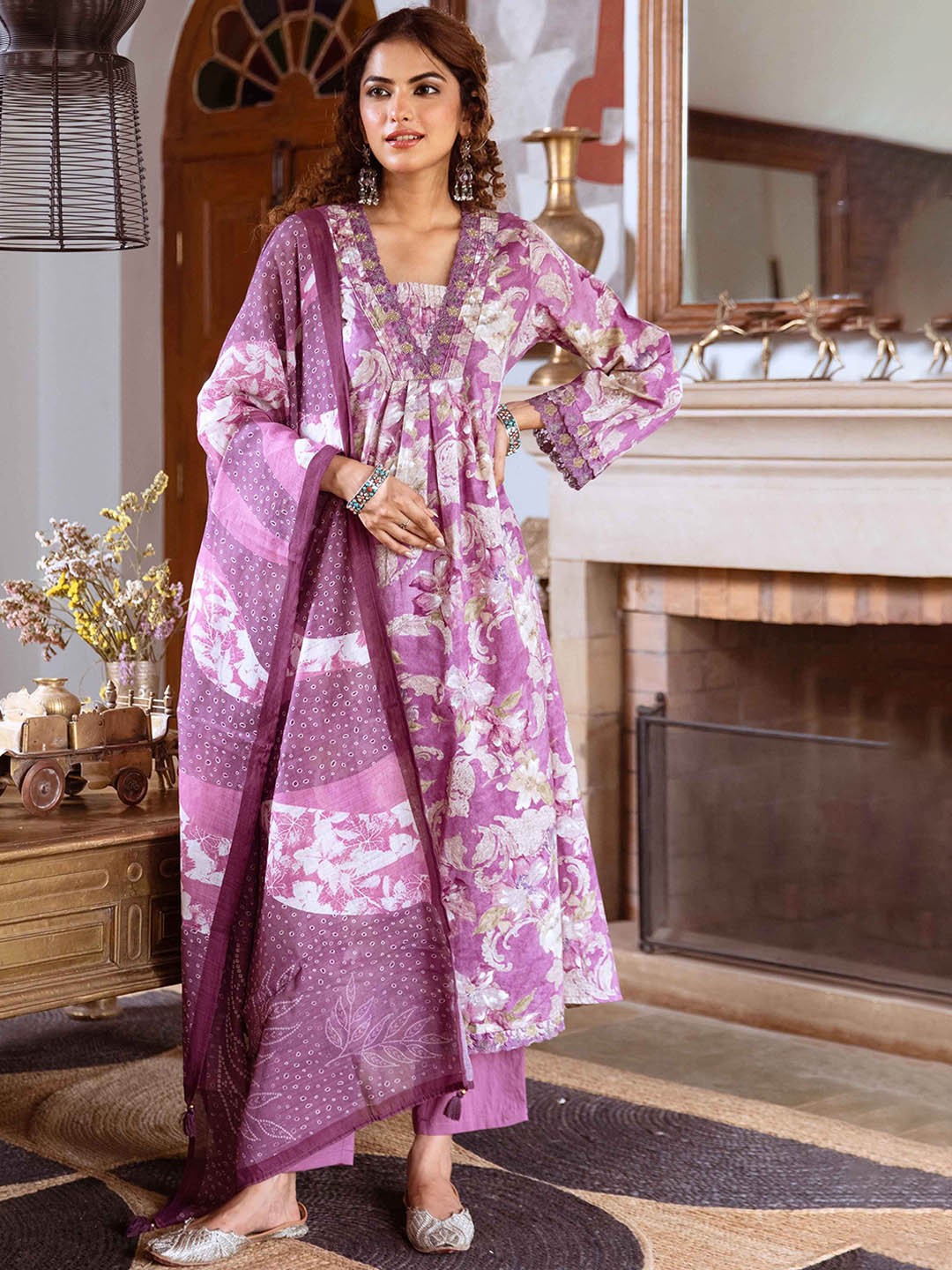 

Nehamta Floral Printed A-Line Beads and Stones Pure Cotton Kurta with Trousers & Dupatta, Purple