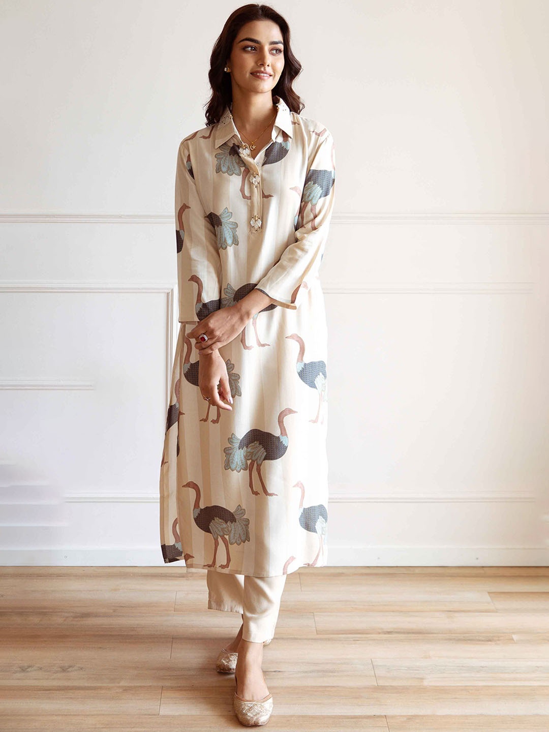 

Nehamta Animal Printed A-Line Beads and Stones Kurta with Trousers, Beige
