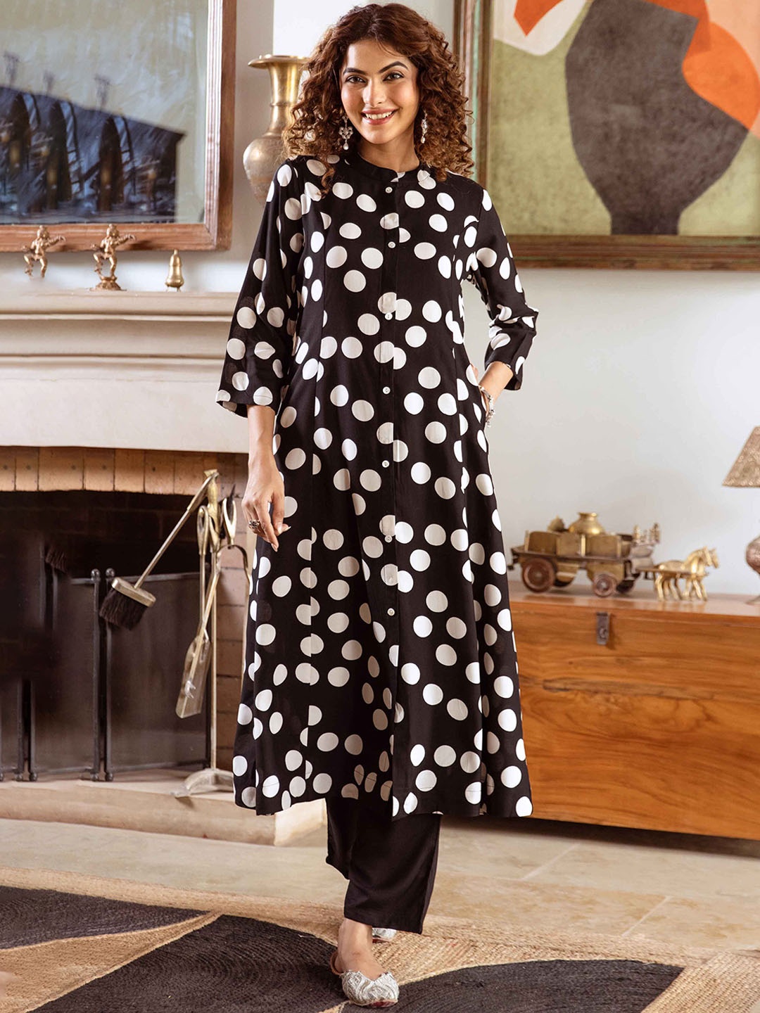 

Nehamta Polka Dots Printed A-Line Kurta with Trousers, Black