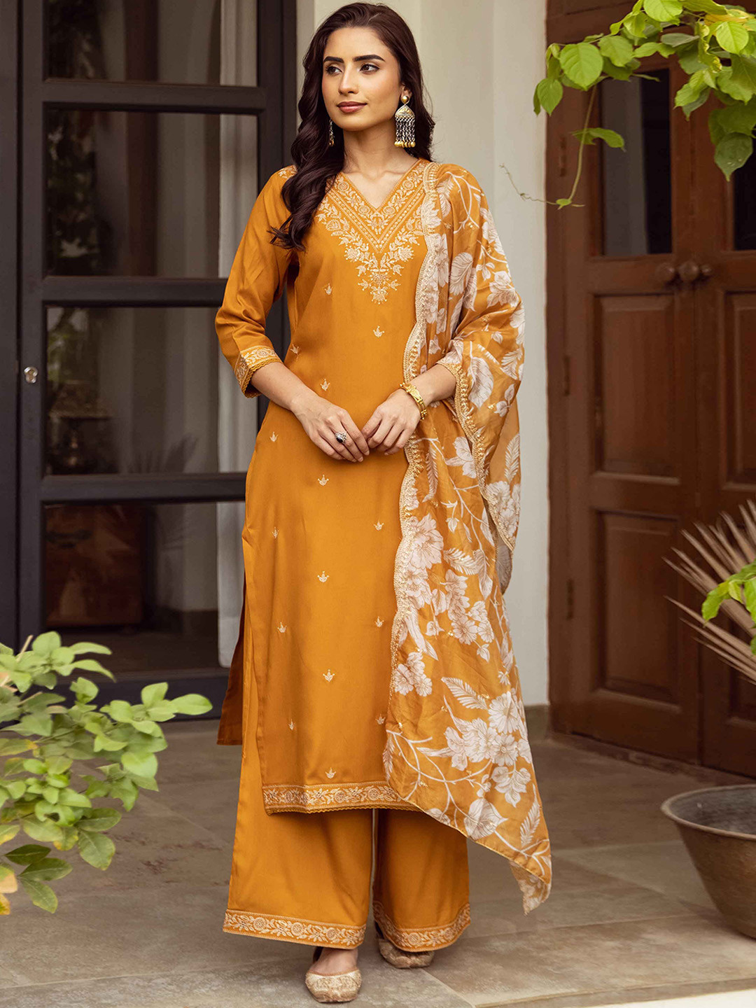 

Nehamta Ethnic Motifs Embroidered Straight Sequinned Kurta with Palazzos & Dupatta, Mustard