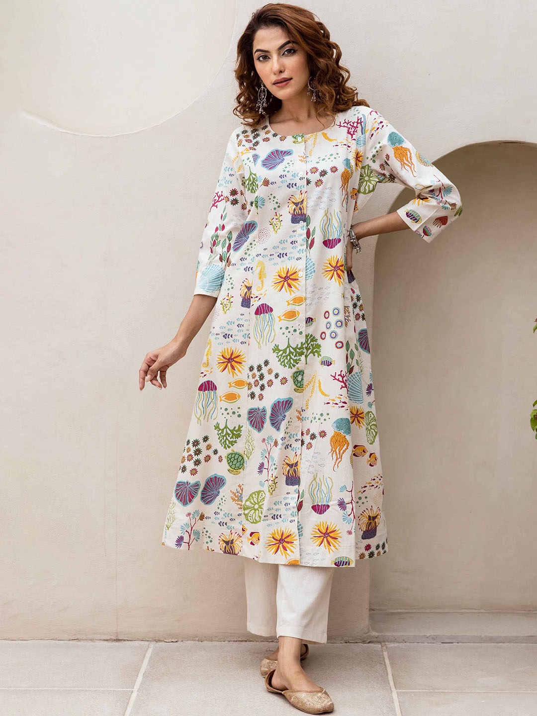 

Nehamta Floral Printed A-Line Kurta with Trousers, Beige