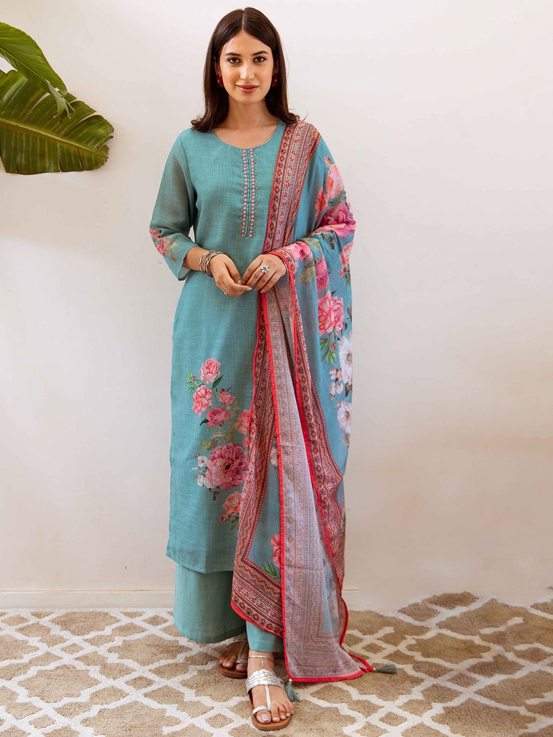 

Nehamta Floral Printed Straight Linen Kurta with Palazzos & Dupatta, Green