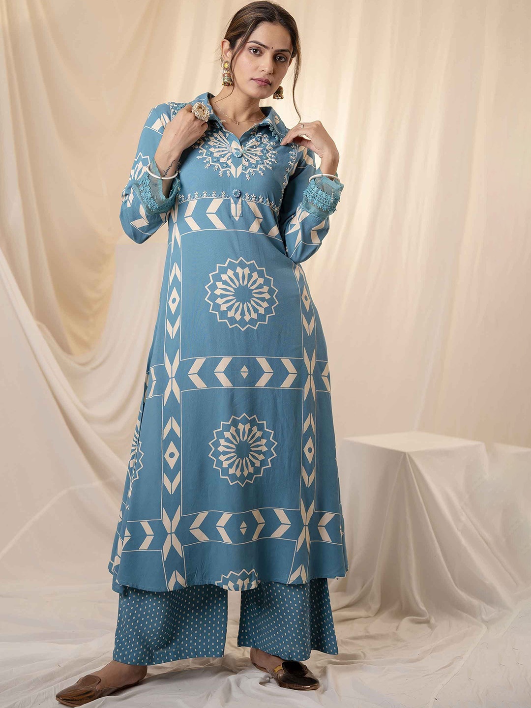 

Nehamta Printed A-Line Kantha Work Kurta with Palazzos, Turquoise blue