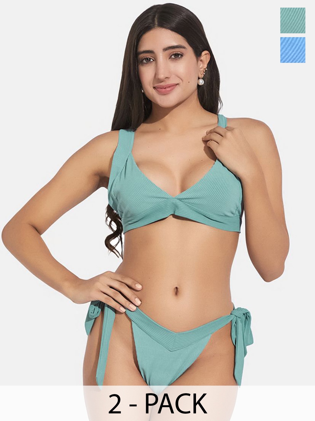 

SECRETS BY ZEROKAATA Pack Of 2 Assorted Ribbed Swimwear Bikini Set, Green