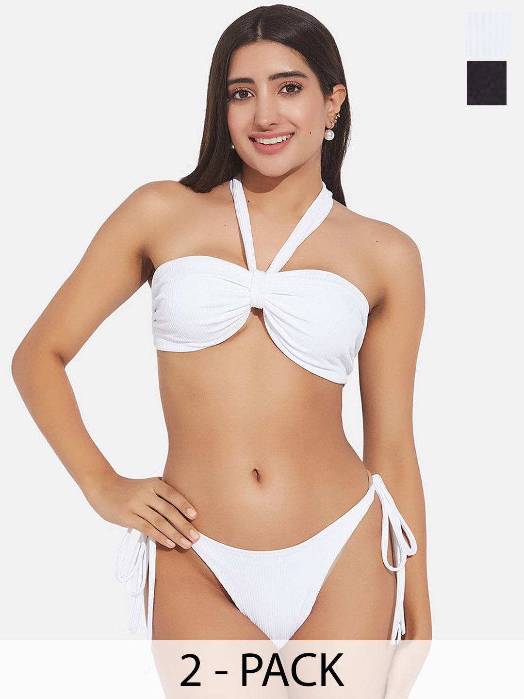SECRETS BY ZEROKAATA Pack Of 2 Assorted Ribbed Swimwear Bikini Set, White