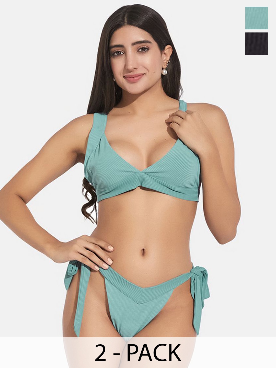 

SECRETS BY ZEROKAATA Pack Of 2 Assorted Ribbed Swimwear Bikini Set, Sea green