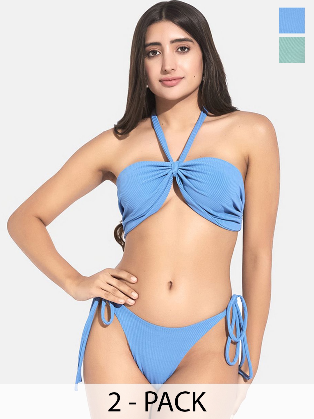 

SECRETS BY ZEROKAATA Pack Of 2 Assorted Ribbed Swimwear Bikini Set, Blue