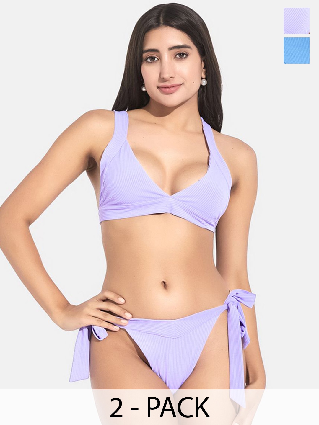 SECRETS BY ZEROKAATA Pack Of 2 Assorted Ribbed Swimwear Bikini Set, Violet
