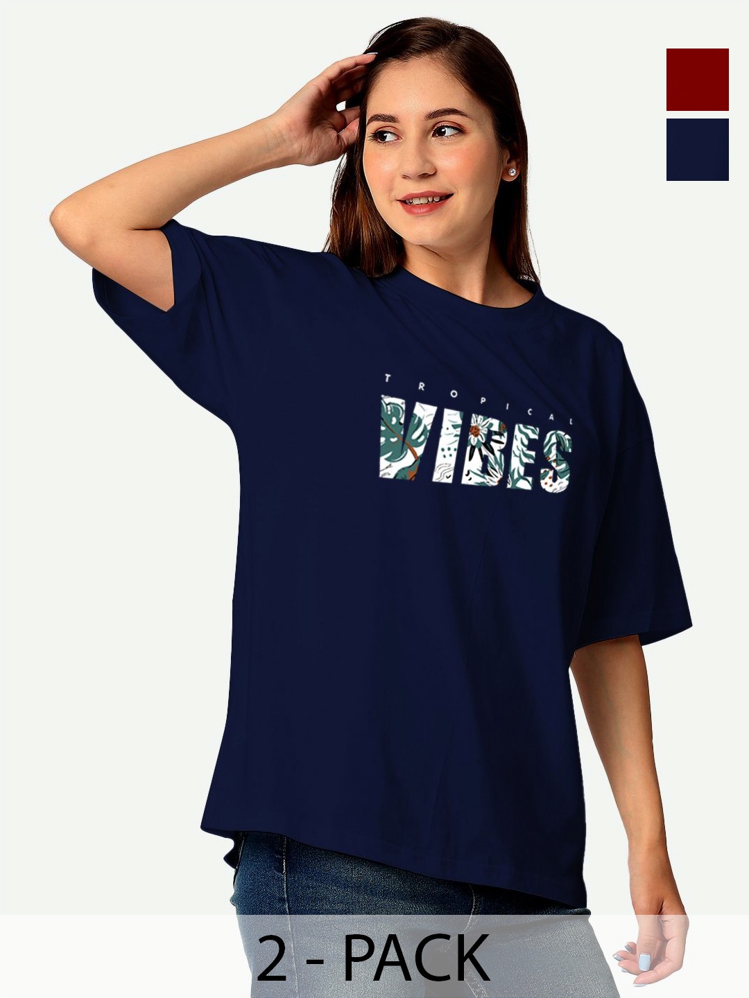 

STATUS MANTRA Women Printed Round Neck Applique T-shirt Pack Of 2, Multi