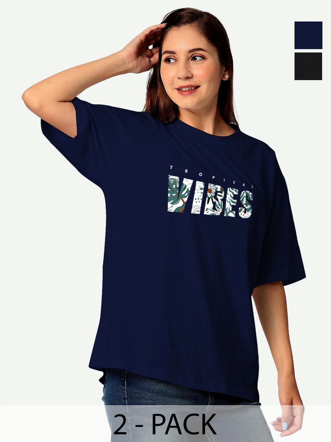 

STATUS MANTRA Women Typography Extended Sleeves Pockets T-shirt Pack Of 2, Multi