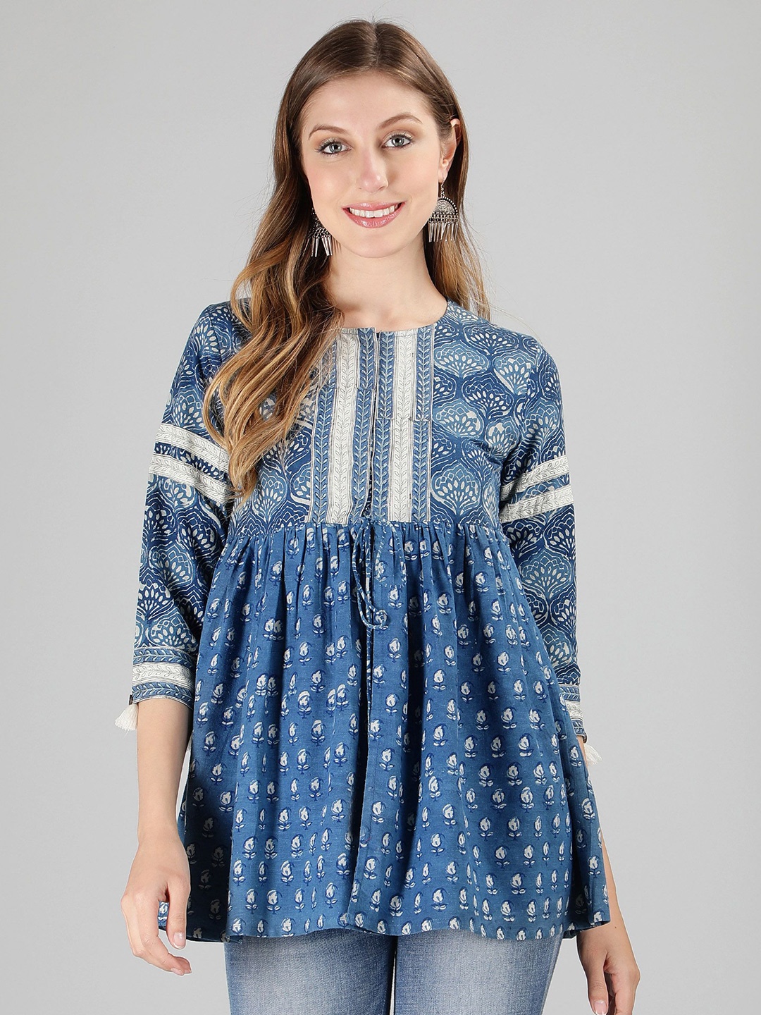 

HERE&NOW Women Printed Cotton Round Neck Top, Navy blue