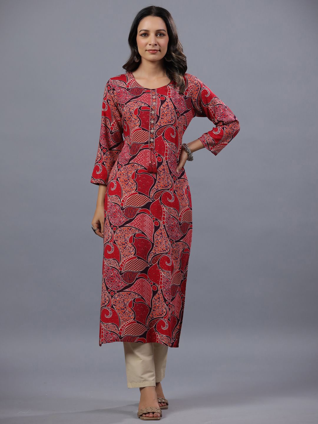 

Amchoor Paisley Printed Mirror Work Pure Cotton Kurta, Red