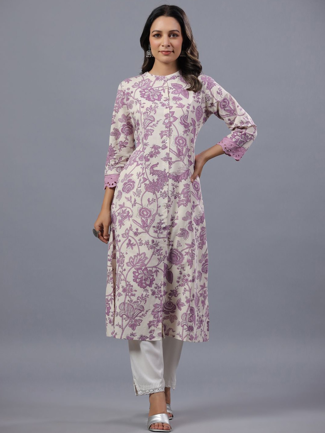 

Amchoor Floral Printed A-Line Pure Cotton Kurta, Purple