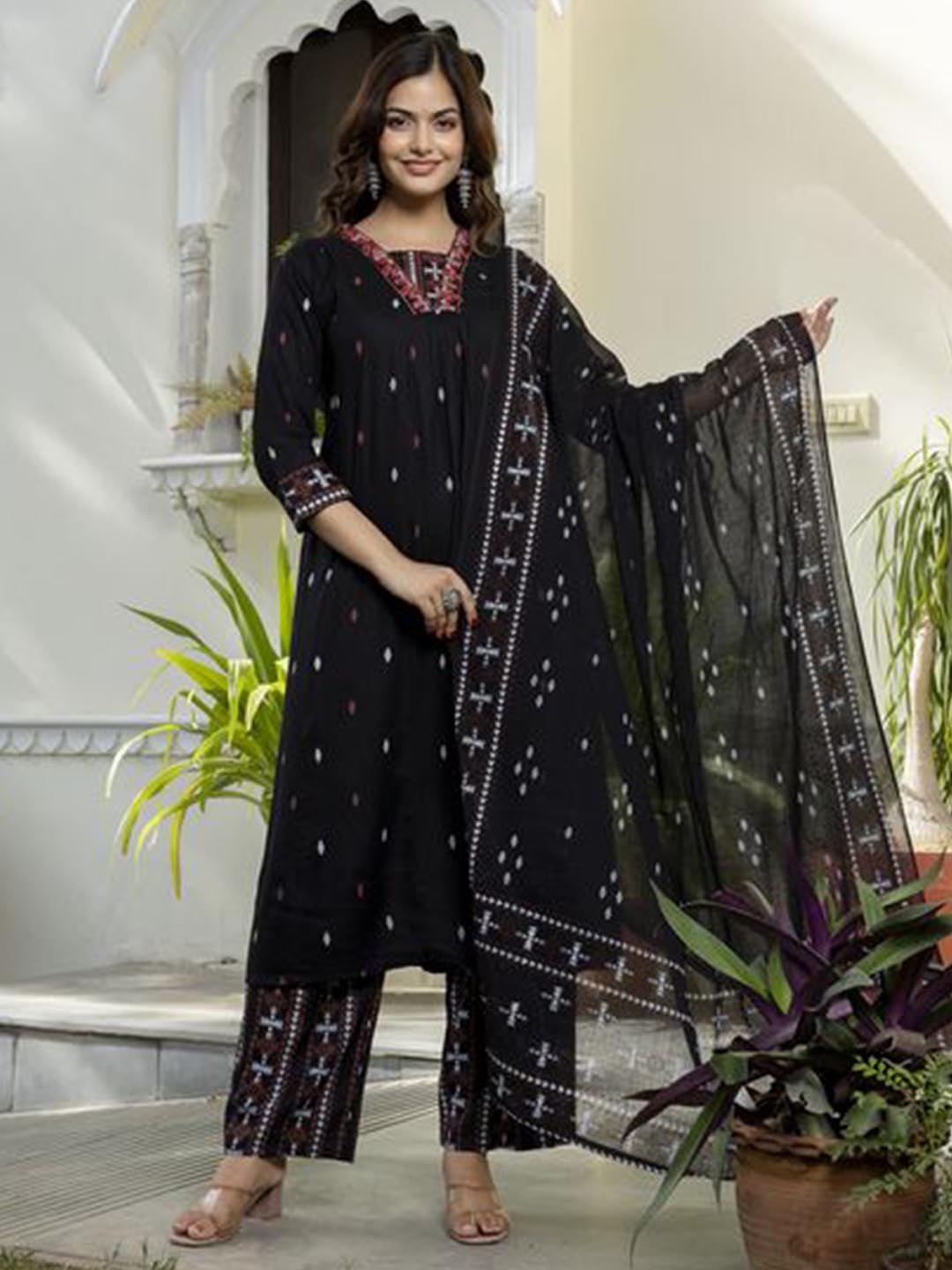 

KALINI Floral Embroidered Straight Thread Work Kurta with Palazzos & Dupatta, Black