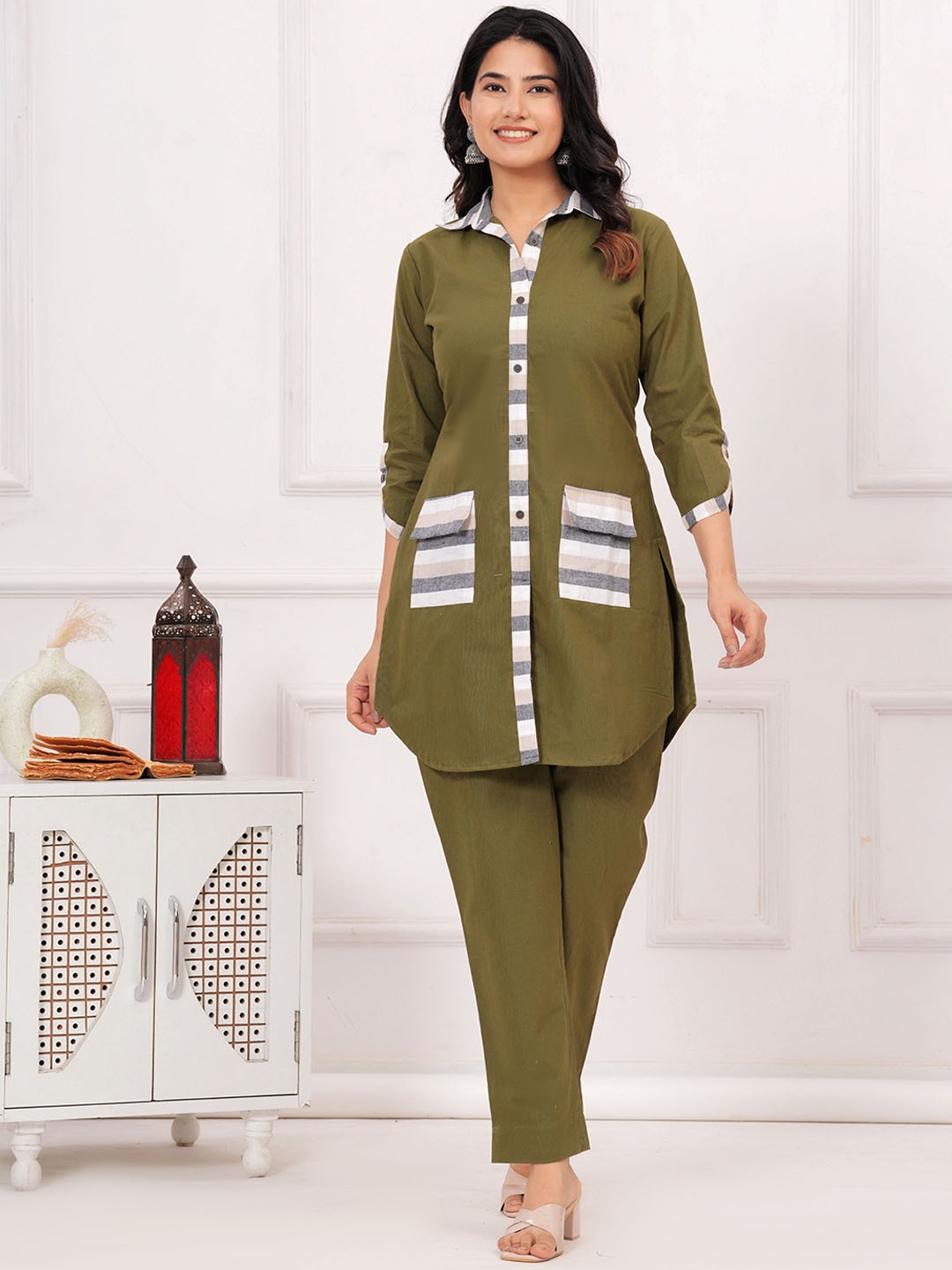 UNBIND Shirt Collar Pure Cotton Tunic With Trousers, Green
